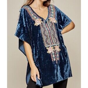 Andre By Unit Small Floral Embroidered Crushed Velvet Kaftan Tunic Top Boxy Blue